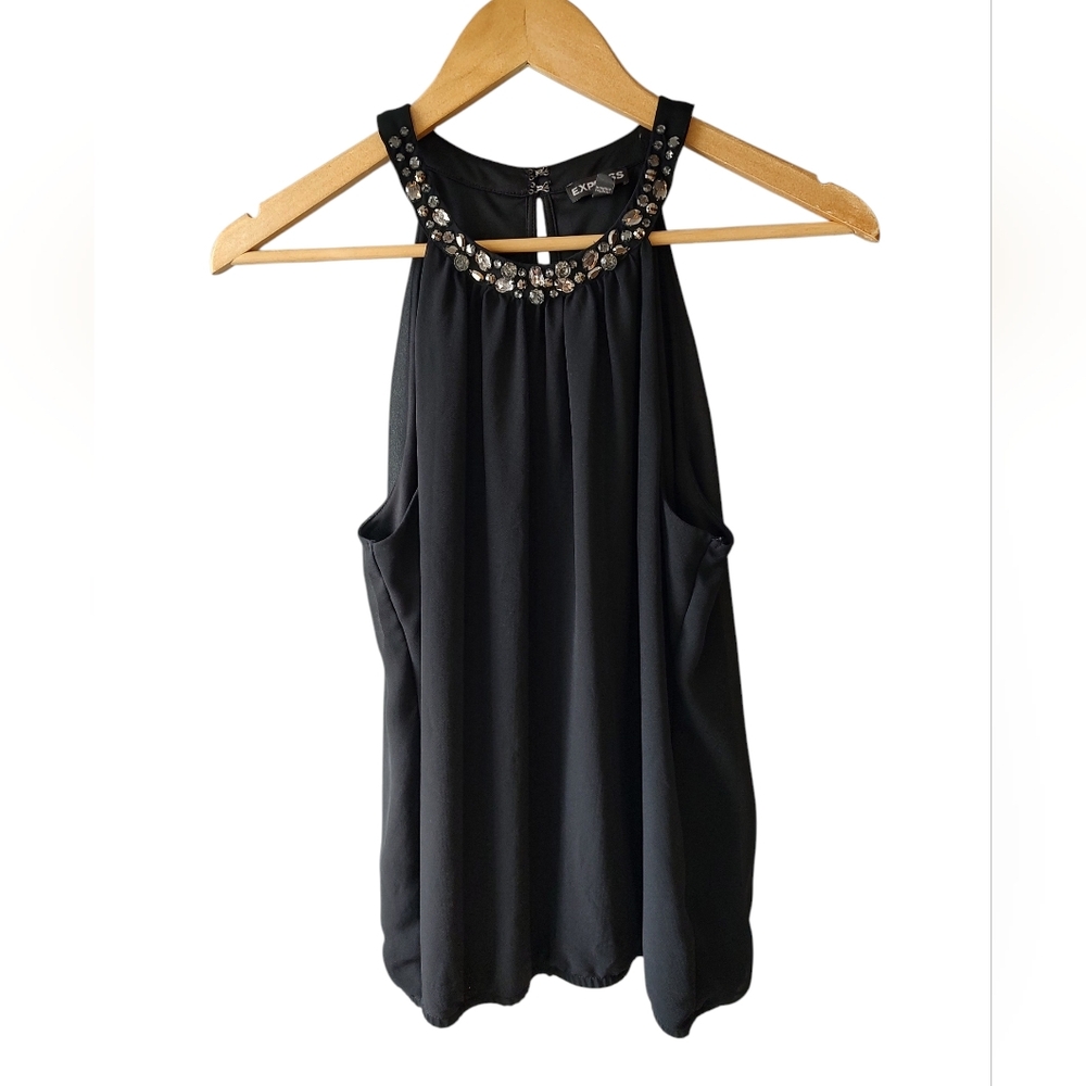 Express Black Jeweled Neck Halter Top Size Medium